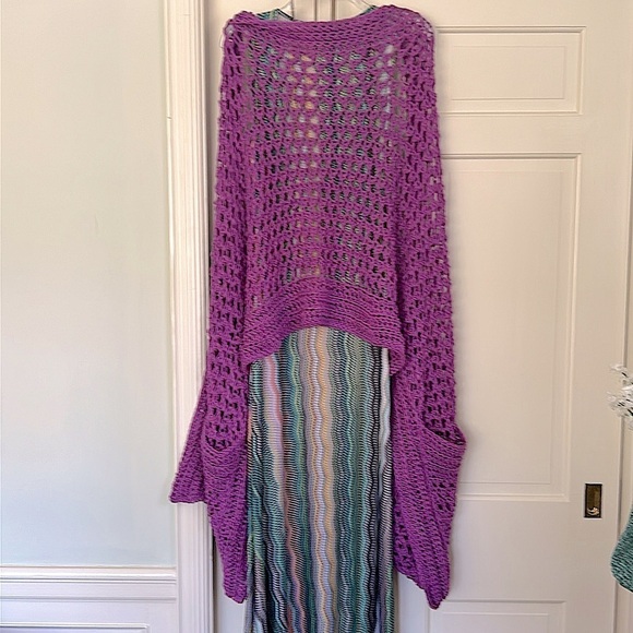 Scandinavian Violet Purple Euro Wrap Open Knit Slouchy Pocket Artisan Corner NEW - Picture 3 of 16